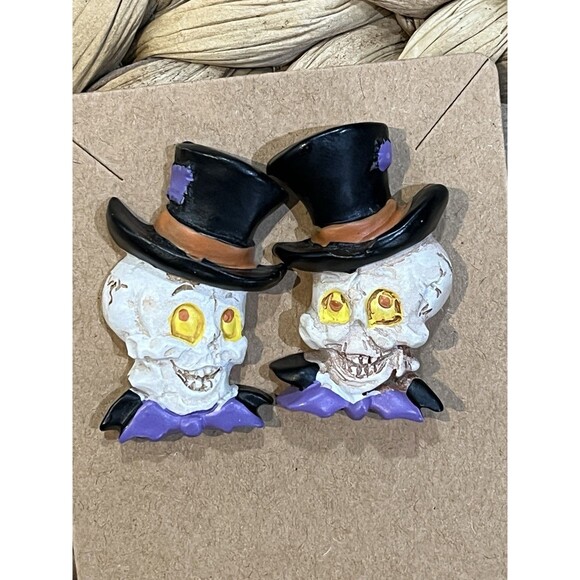 Vintage Halloween Resin Skeleton In Top Hats W/ Bat Bow Ties Gothic Punk Purple - Picture 5 of 8